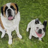 Pastel portrait of a St Bernard and a French Bulldog